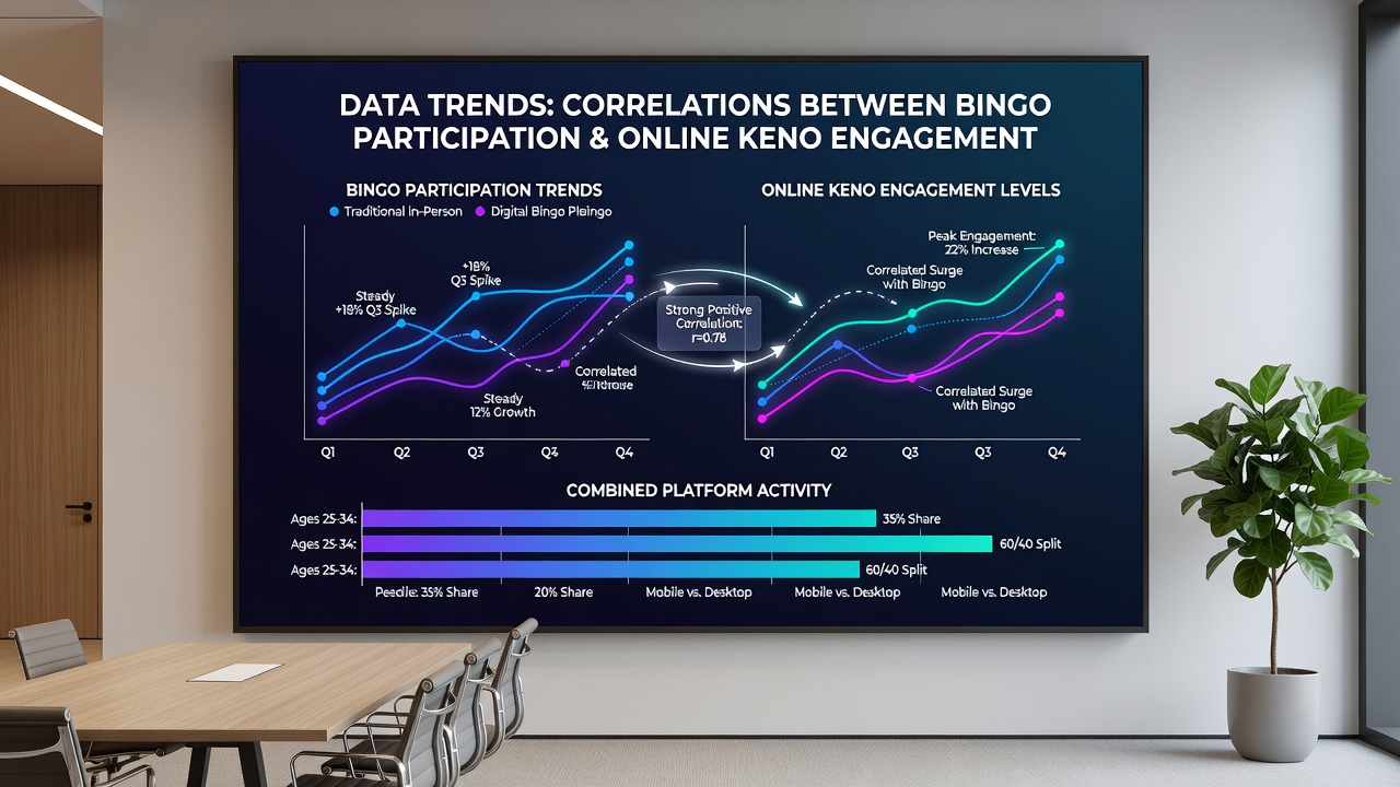 Infographic illustrating demographic breakdowns and session timing overlaps for bingo and keno players