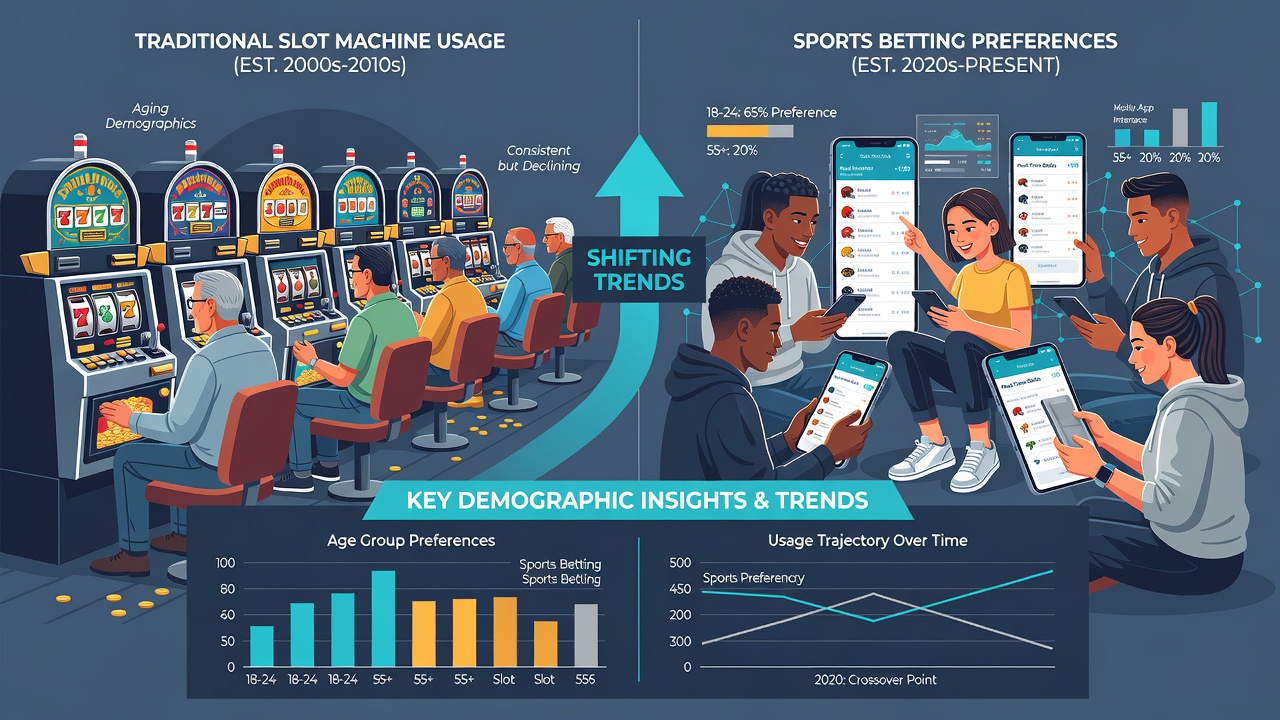 Infographic comparing gender and regional participation rates in sports betting and slot machines based on 2025-2026 industry reports