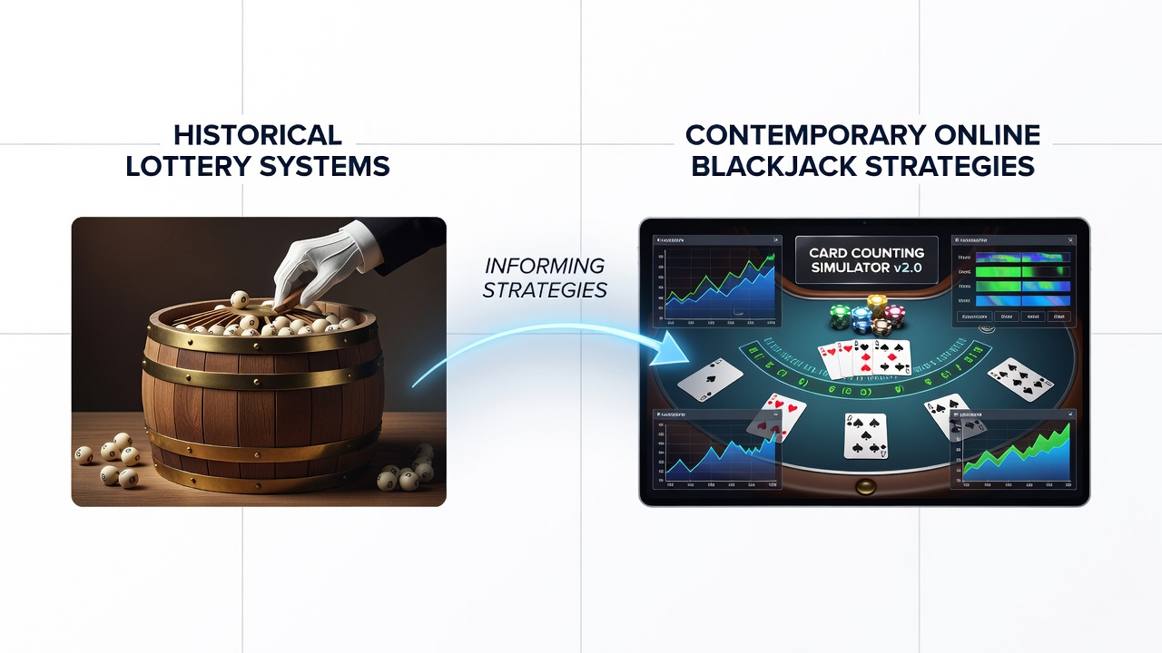 Digital interface showing blackjack strategy chart overlaid on lottery probability graphs