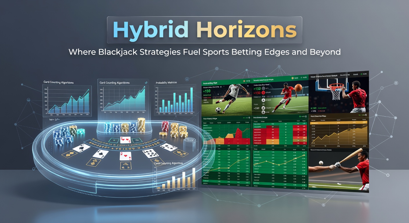 Digital overlay of blackjack cards morphing into sports betting charts, symbolizing strategic crossover
