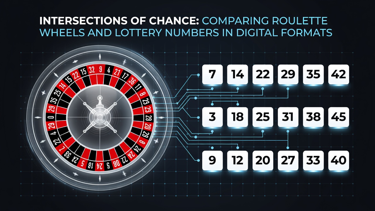 Side-by-side view of online lottery ticket interface and roulette betting table in digital format