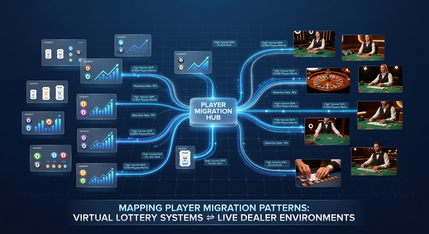 Analytics dashboard showing migration arrows between lottery and live dealer user segments
