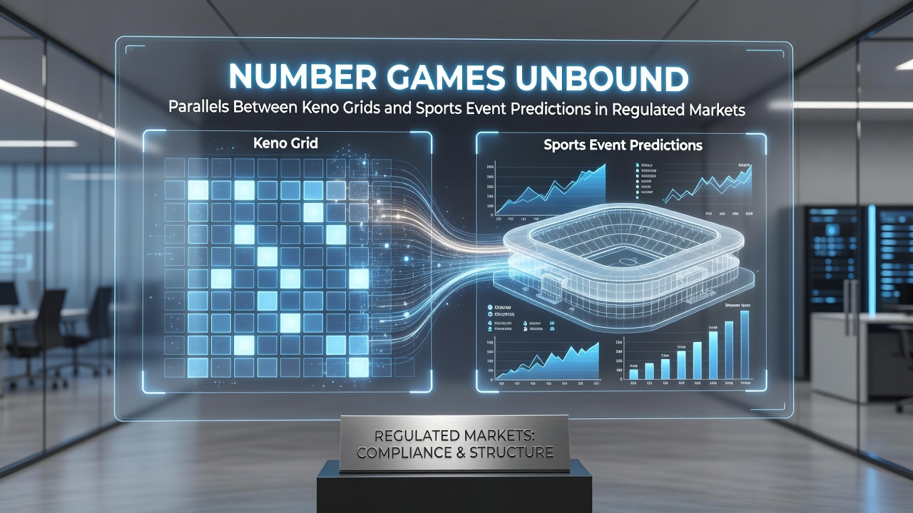 Side-by-side comparison of certified Keno terminal screen and regulated sports betting prediction dashboard displaying grid interfaces