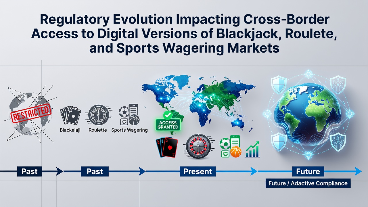 Digital interfaces showing blackjack and roulette tables alongside sports betting dashboards with regulatory compliance indicators