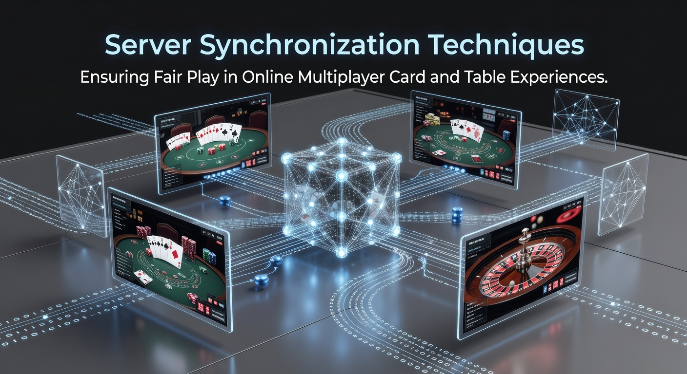Server architecture diagram showing synchronized game states across multiple client devices in a multiplayer card game environment