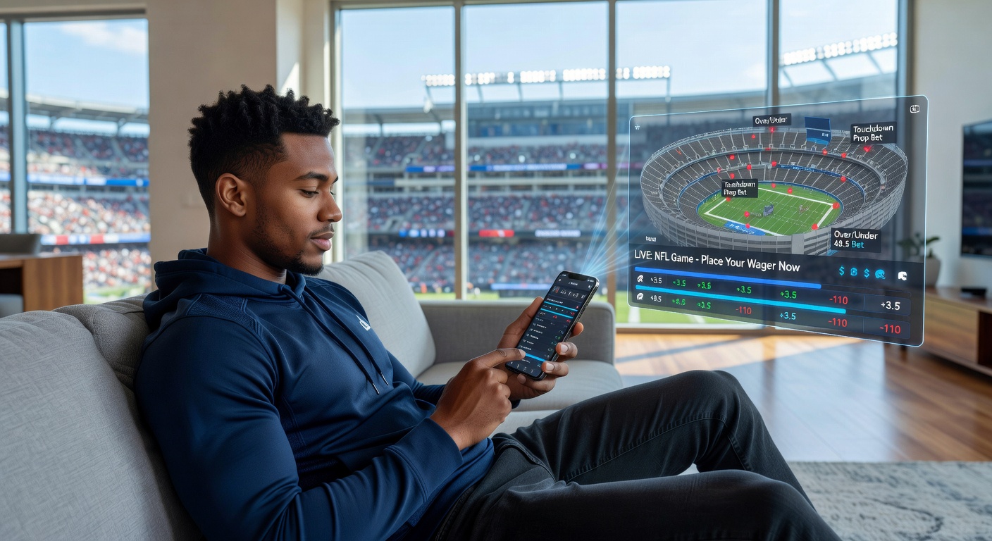Smartphone displaying a sports betting app interface during a live stadium event, with odds updating in real-time