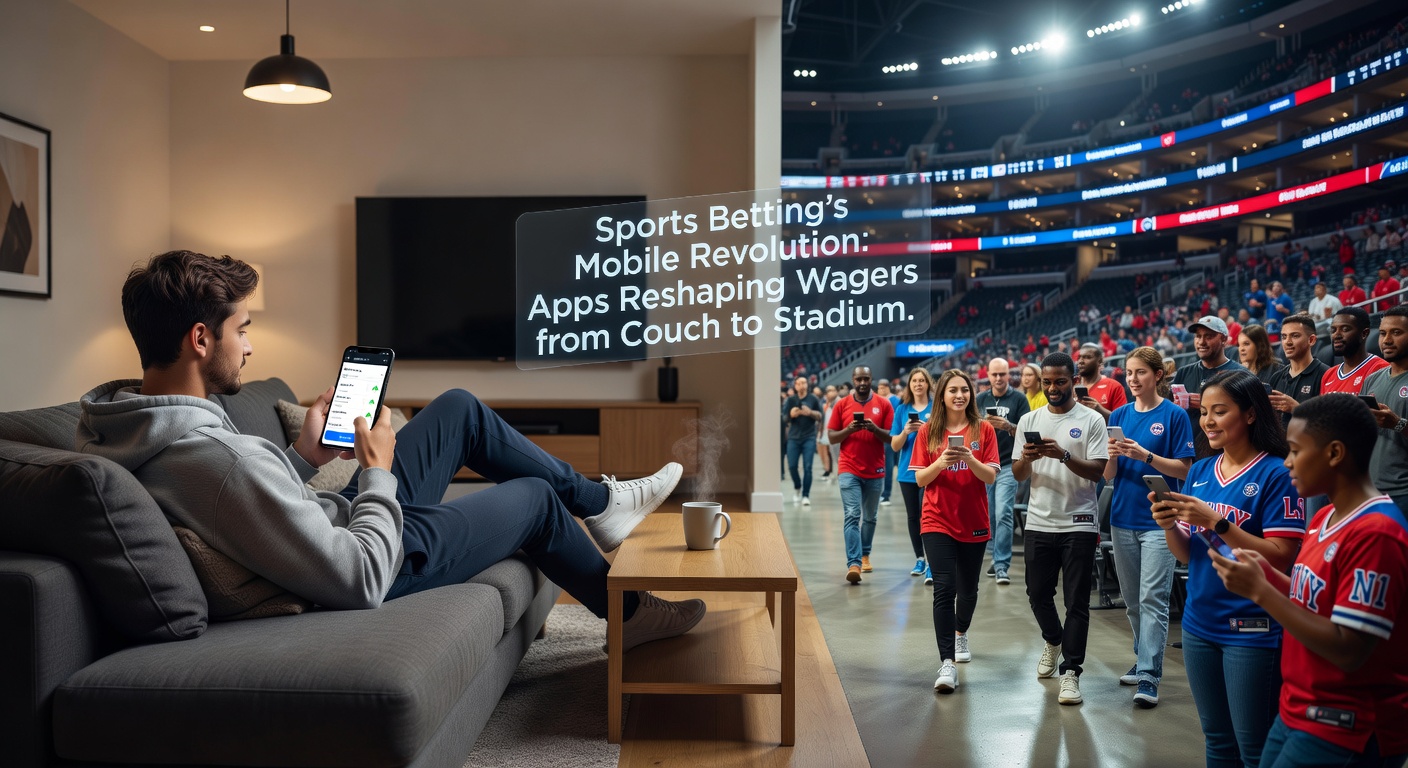 Fans in a stadium holding phones, placing bets on the game unfolding before them through a mobile sports betting app
