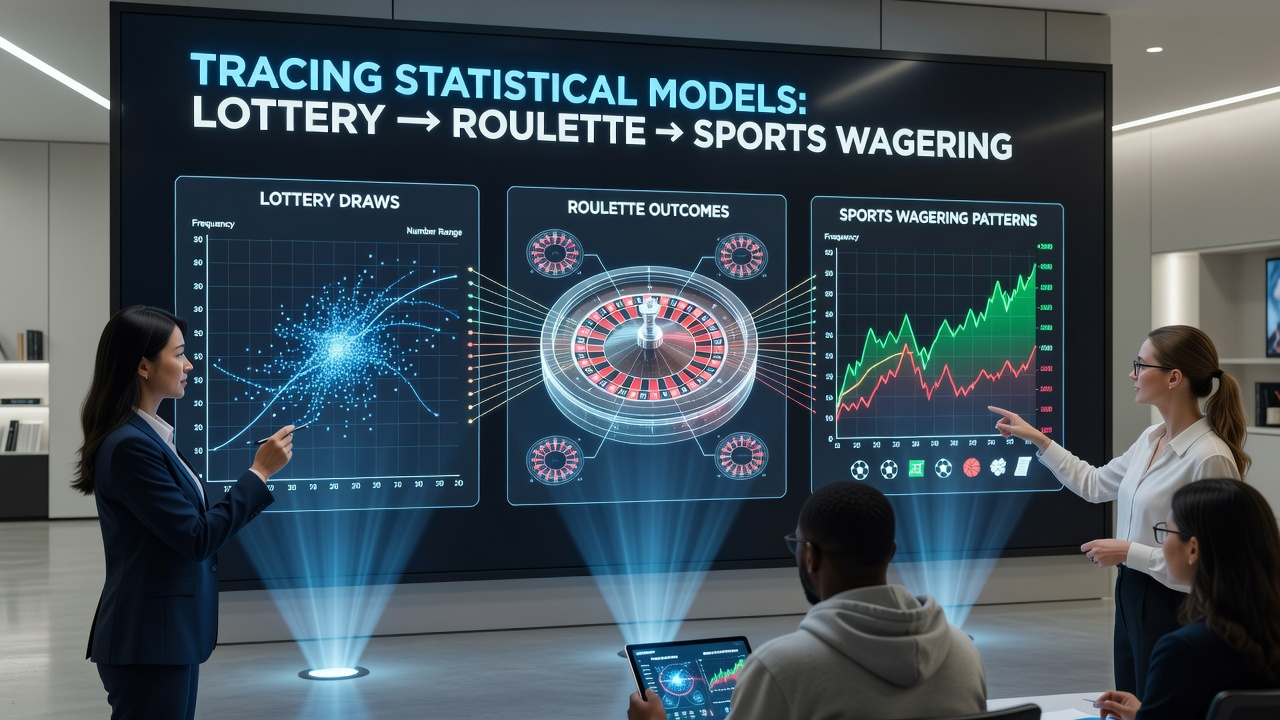 Detailed graphs showing cross-referenced probability distributions from lottery, roulette, and sports data sets